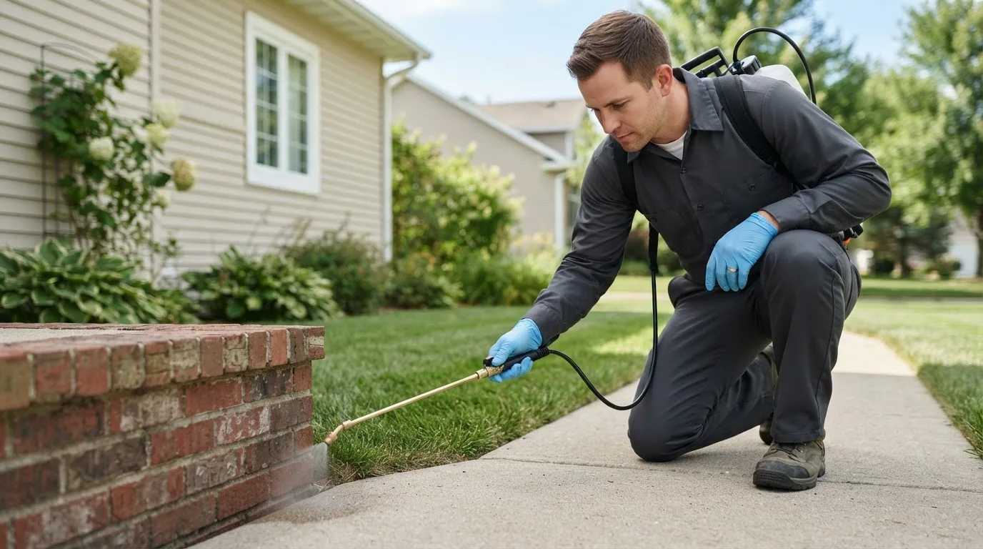 Pest control technician treating a home near Greenfield, OK