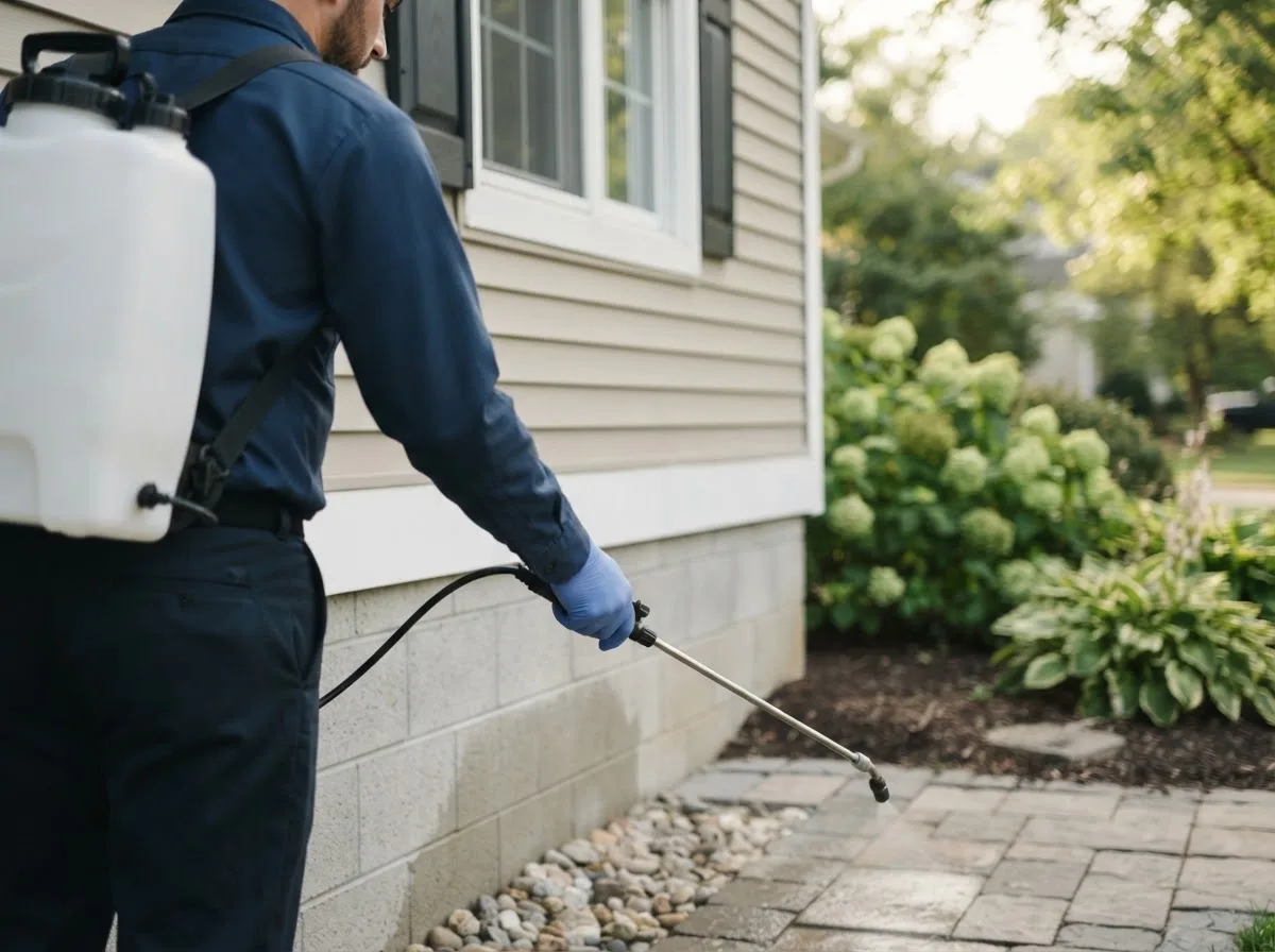 Pest control technician inspecting a home in Greenfield, OK